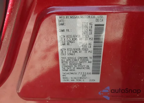 2014 Nissan Pathfinder Sv z USA, uszkodzony, nr VIN 5N1AR2MN2EC723166